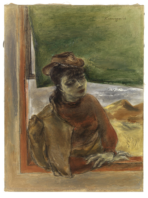 Half length figure of a woman wearing a hat looking through a window with mountains visible in the background.