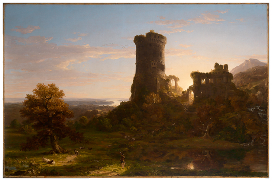 A painting of a castle ruin. The castle is situated at the top of a hill. The sun sets behind it, casting shadows toward the viewer. A river is visible behind the castle, as well as wisps of clouds in pink and purple hues.