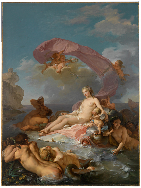 A nude painting with several figures on a beachside, in the ocean. In the center of the painting, Amphitrite reclines on a shoal. Putti surround her; large sea animals flank her, as do male and female sea nymphs.