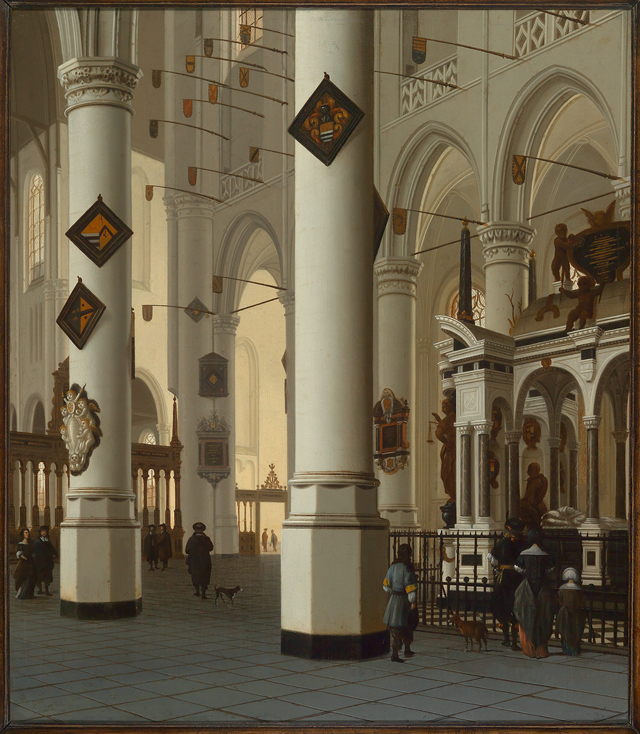 A painting of the “New Church” or Nieuwe Kerk in Amsterdam. The point of view is from the church’s nave facing, at an angle, the church’s aisle. Tall pillars rise out of view. Small figures populate the bottom of the painting.