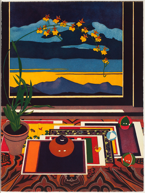 A print of a desk and window. Decorative sheets of paper neatly fanned out over the desk. A potted plant sits on the desk and its yellow flowers arc in front of the window. Through the window, there is a blue and yellow mountain landscape.