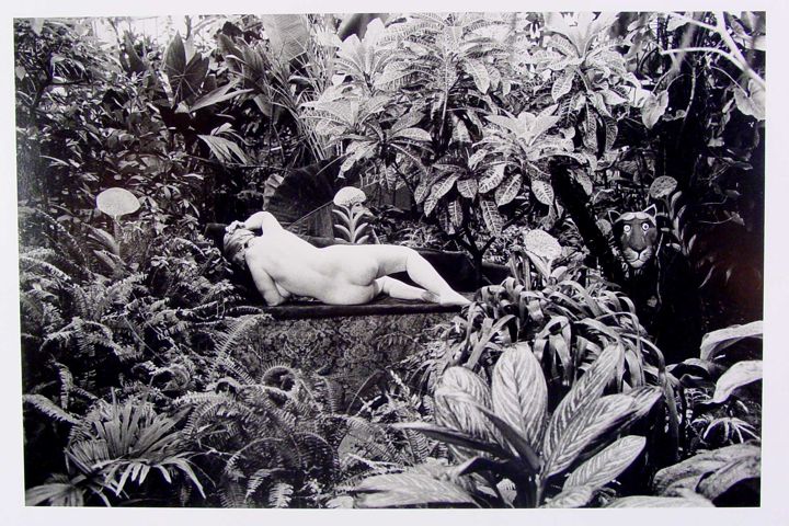 A nude figure reclines on a stone surface, surrounded by dense green foliage. Various leaves and plants create a lush environment. In the background, a stylized tiger's face is partially visible among the plants. The composition features contrasting textures and shapes between the figure and the natural elements.