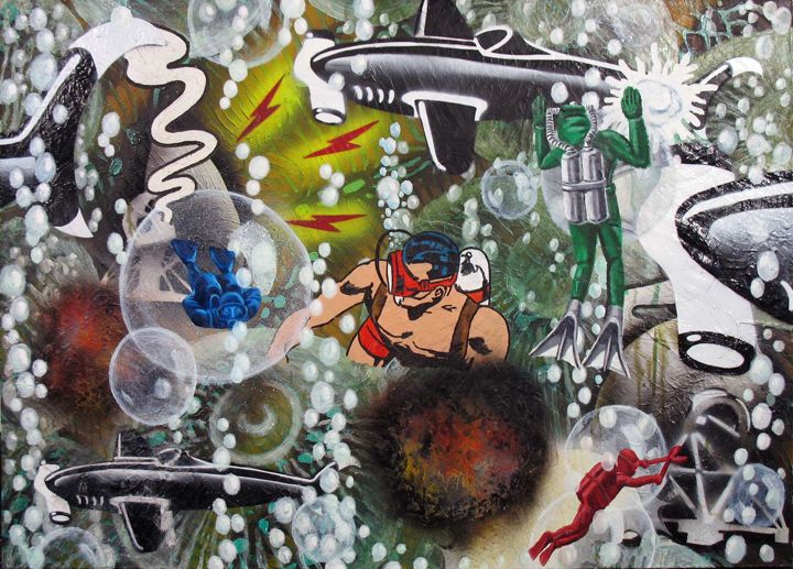 A colorful underwater scene featuring divers, bubbles, sharks, and aquatic figures, with vibrant spray paint details and swirling textures.