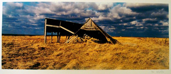 A weathered wooden structure is partially collapsed and leaning at an angle, located in an open field with dry, golden grass. Dark clouds are scattered across a blue sky in the background. The landscape is flat and expansive, with no visible trees or buildings nearby.
