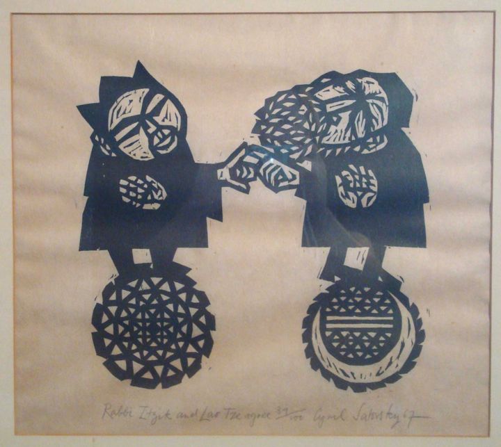 A black-and-white woodcut print features two abstracted figures shaking hands. The left figure has a circular patterned base, while the right stands on a wheel-like form incorporating geometric shapes and stripes. Their faces and clothing are fragmented with angular lines and shapes. The handwritten inscription reads, Rabbi Itzik and Lao Tze agree, dated 1967 by Cyril Satorsky. The background is beige, aging paper.