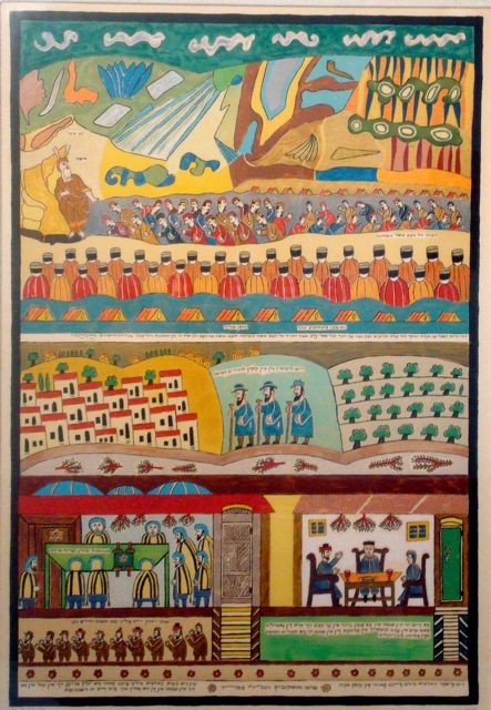 The image is divided into horizontal sections. The top section features a gathering of people in various colored clothing under a blue sky with stylized clouds. The second section shows a landscape with houses, trees, and three figures dressed in blue. The third section depicts people seated at a table beneath a red canopy. The bottom section illustrates a group of individuals in a communal setting. The composition includes various shapes and patterns, focusing on human figures and architectural elements.